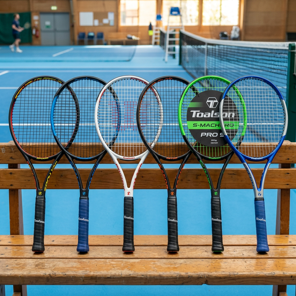 Six colorful tennis rackets displayed on a wooden bench indoors