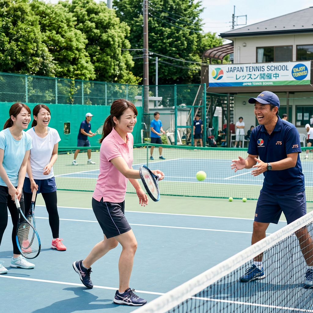 Tennis players practicing with an instructor at Japan Tennis School